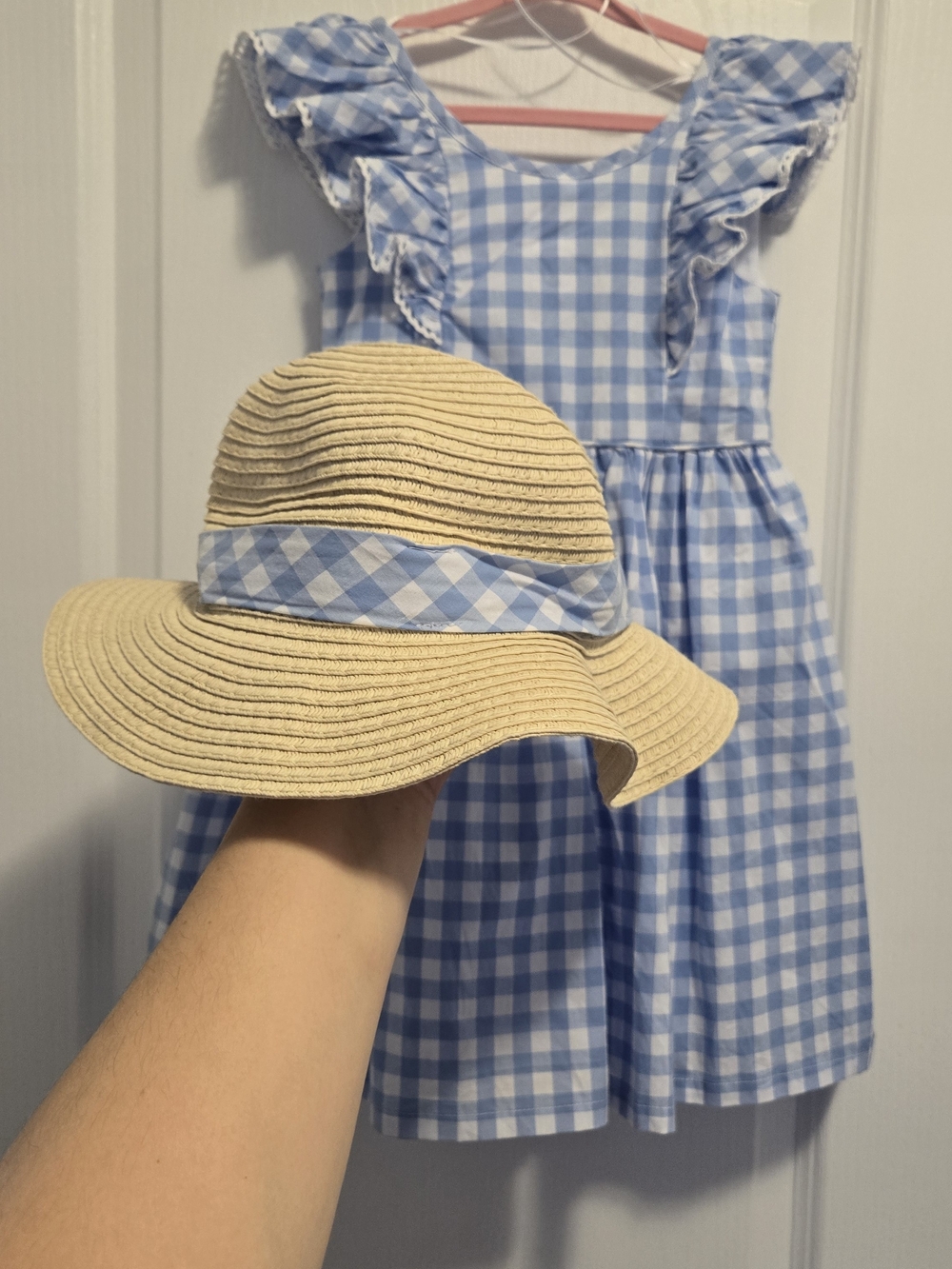 Plaid Blue And White Toddler Girl's Dress With Hat